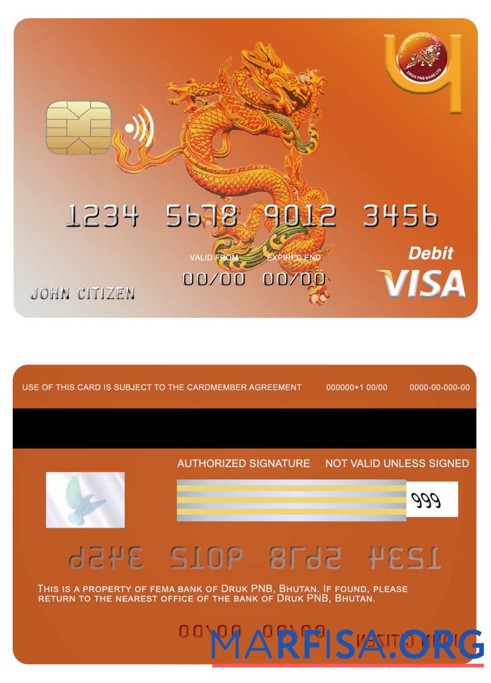 Realistic Bhutan Druk PNB bank visa card sample